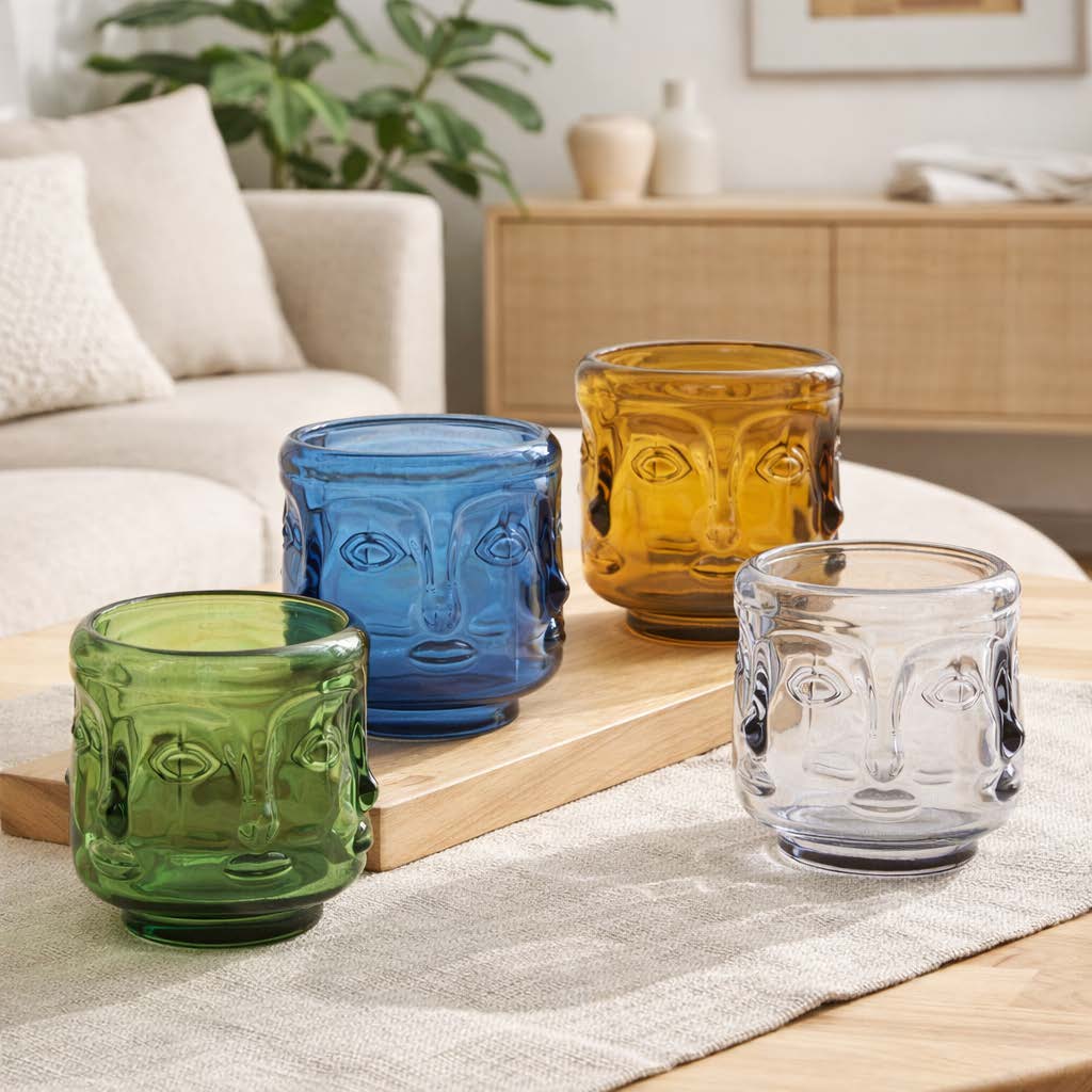 Pair of Buddha Faces Candle Holders - Royal Blue