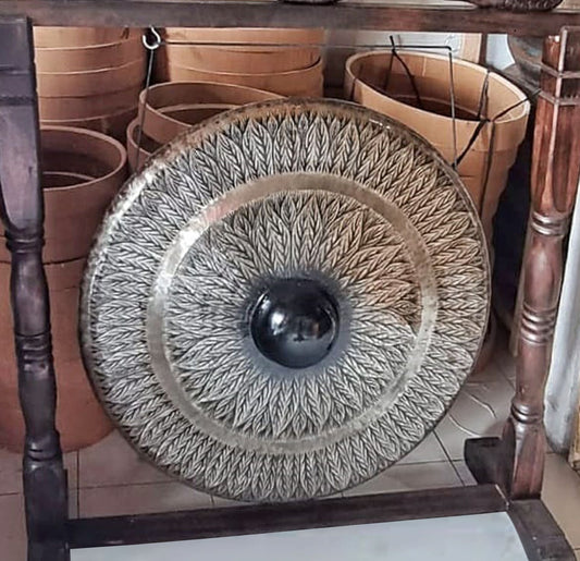 Large Gong in Brown Antique Stand - 80cm - Black Pattern