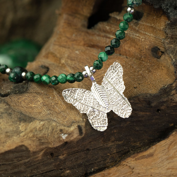 Nymph Gemstone Necklace with Real Leaf Butterfly Pendant