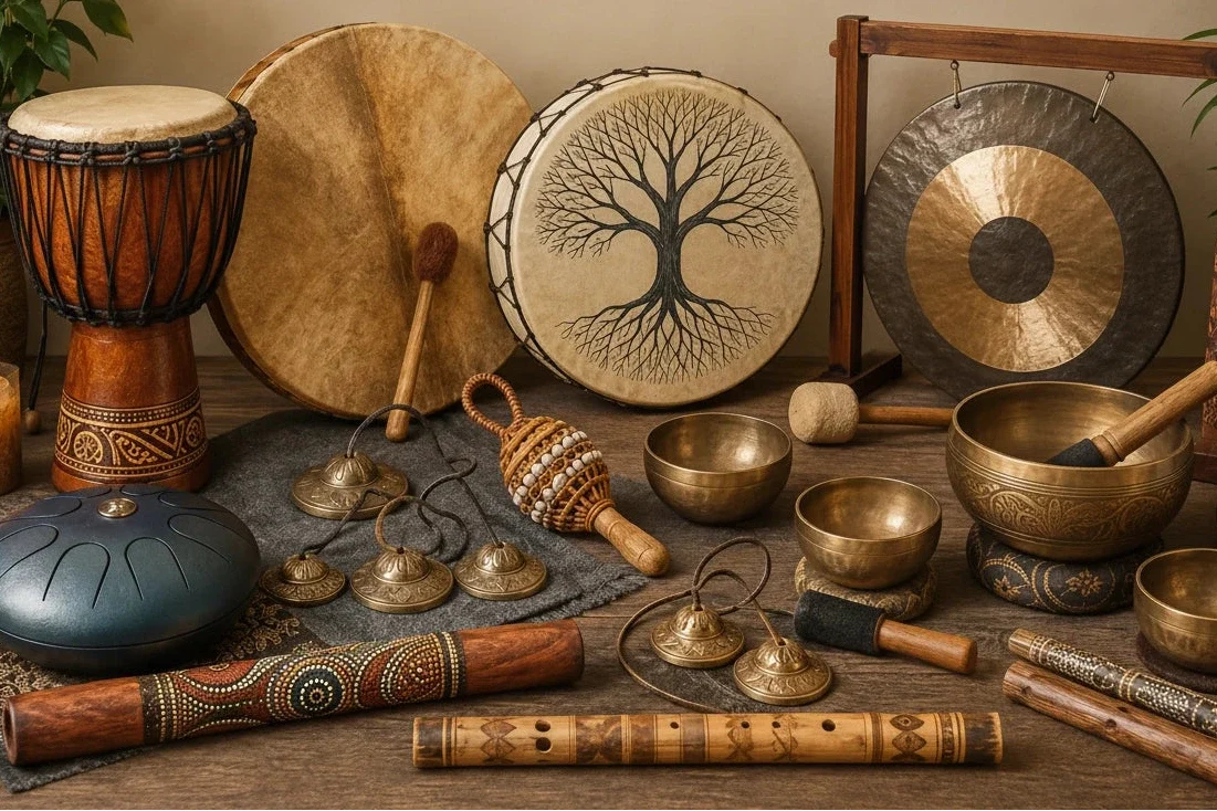 A collection of sound healing and meditation instruments arranged on a wooden surface against a warm brown backdrop. Visible items include a djembe drum, hand drums, a gong, singing bowls, a mace, a wooden flute, bells, and a blue metal tone generator.