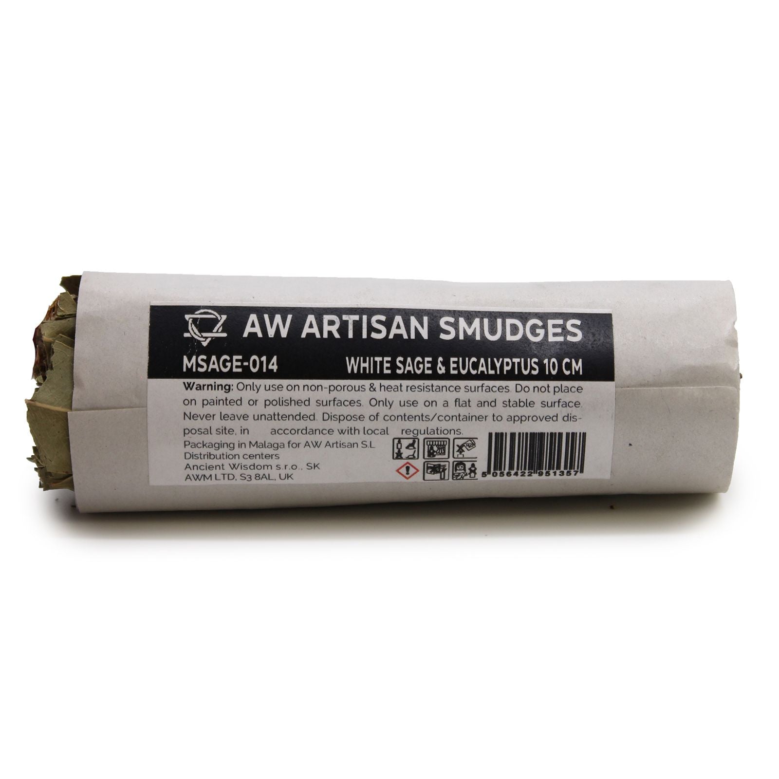 10 cm long bundle of White Sage & Eucalyptus leaves wrapped in paper and label attached