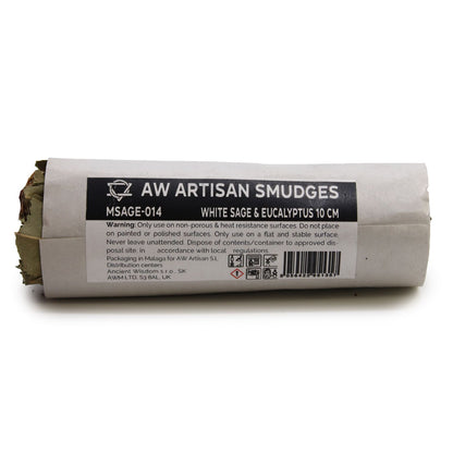 10 cm long bundle of White Sage & Eucalyptus leaves wrapped in paper and label attached