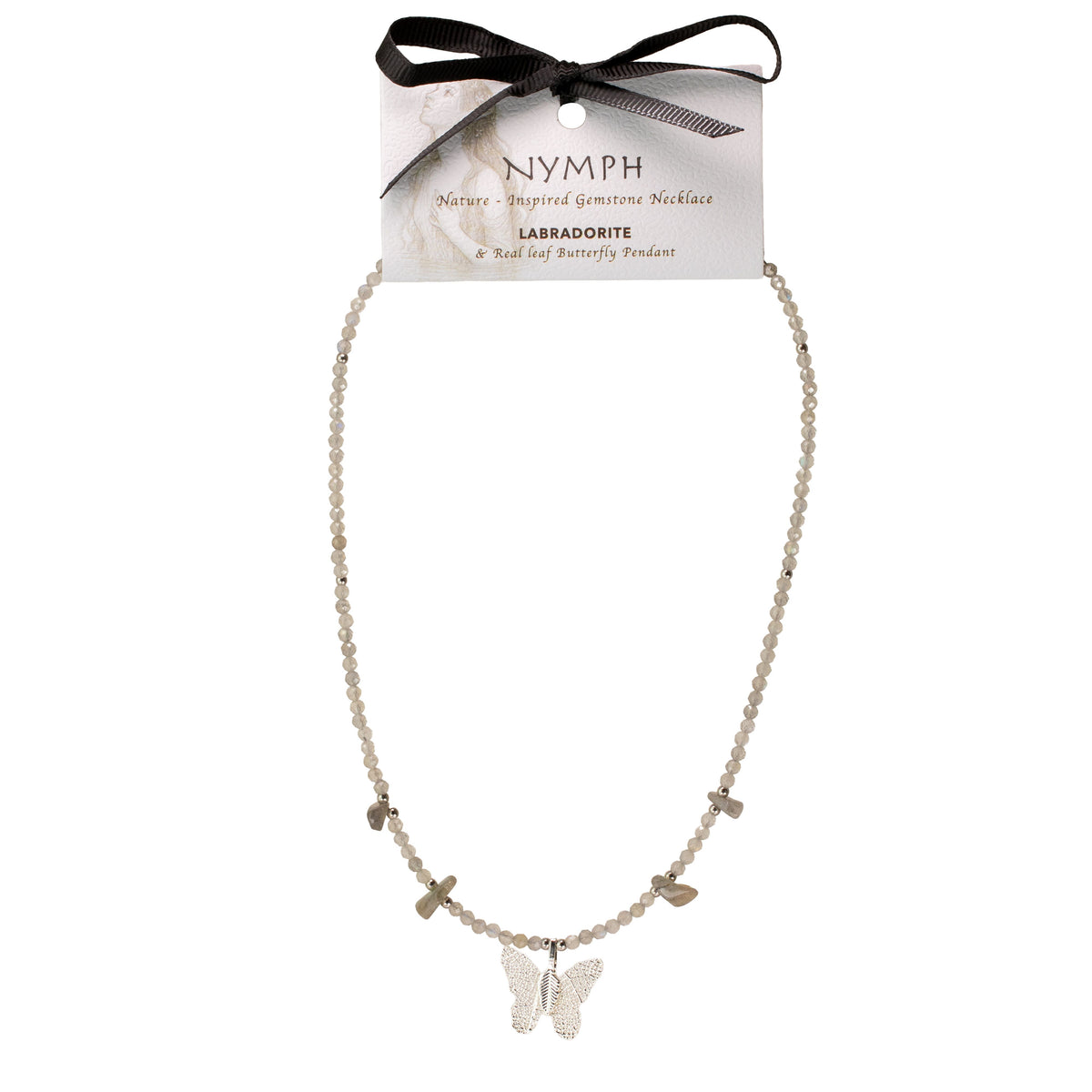 Nymph Labradorite Gemstone Necklace with Real Leaf Butterfly Pendant
