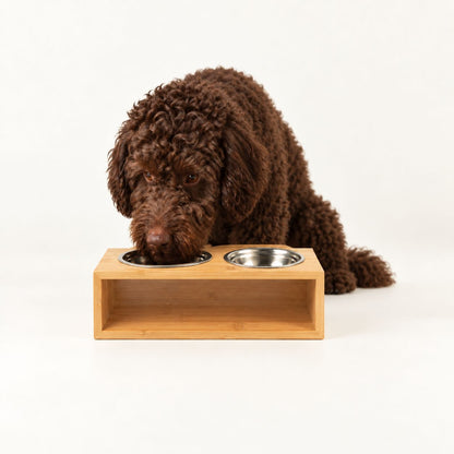 PAW Food Bowls - Large Double Stainless Steel (201) in Wooden Stand - 2x13cm