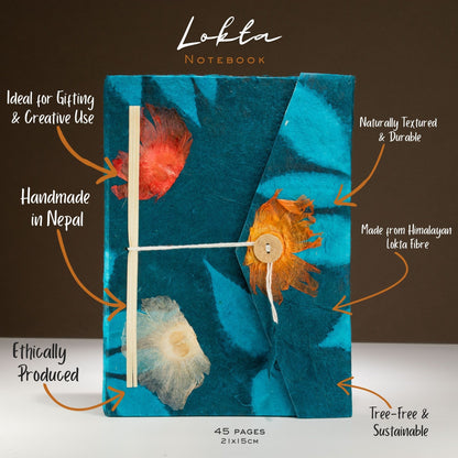 Lokta Bold Floral Notebook – Large – Includes Bookmark – Midnight Blue