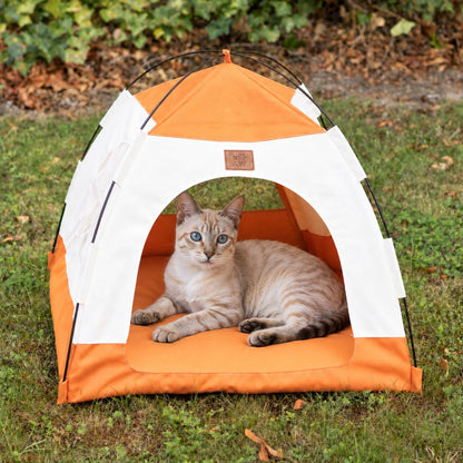 PAW Bed – Beige & Orange Tent – 58 × 58 × 48cm