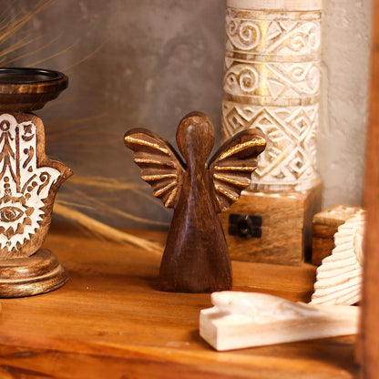 Medium Mango Wood Angel - Gold Decor (16cm)