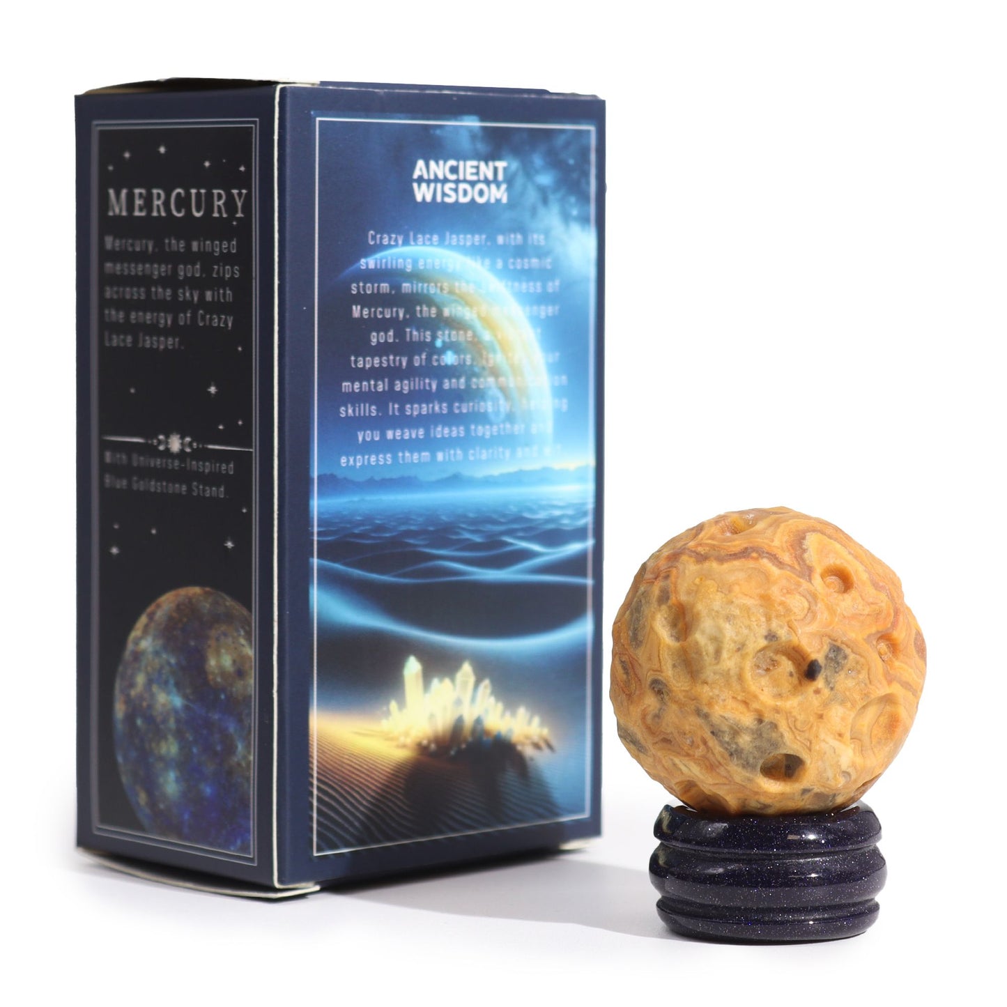 MERCURY - Crazy Lace Jasper Planet on a Sola Goldstone Stand