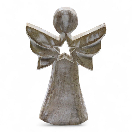 Mango Wood Angel - Whitewash with Star Cut Out (18cm)
