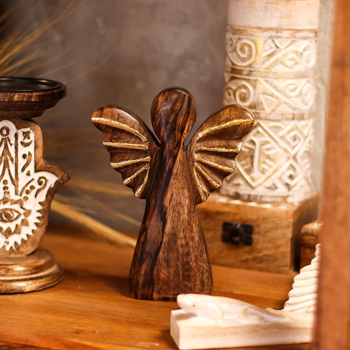Large Mango Wood Angel - Gold Decor (19cm)