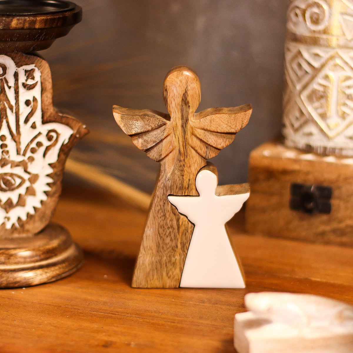 Mango Wood Angel in Angel - White Enamel (15cm)