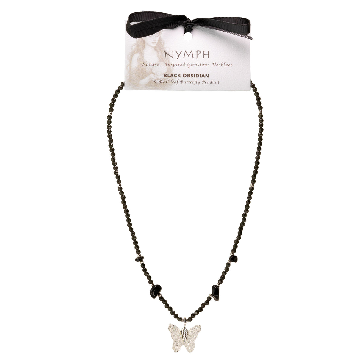 Nymph Black Obsidian Gemstone Necklace with Real Leaf Butterfly Pendant