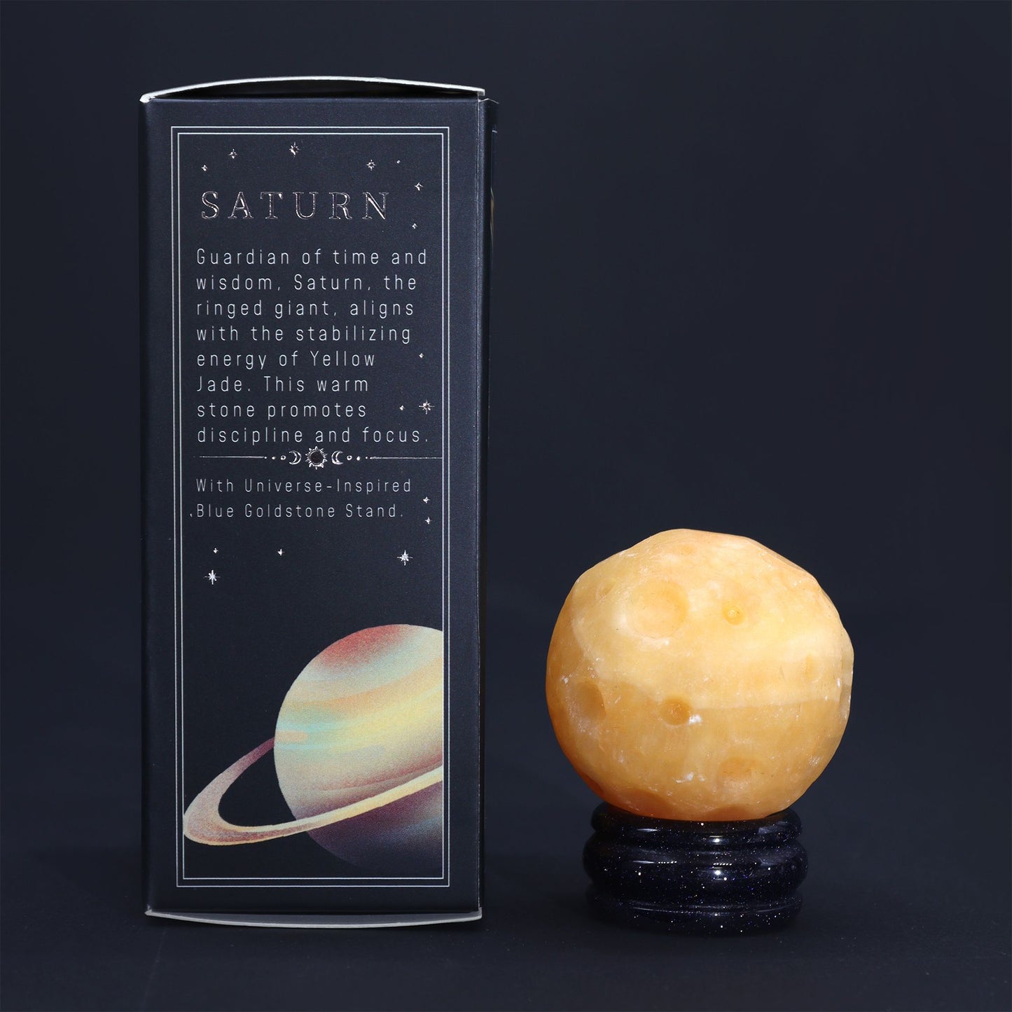 SATURN - Yellow Jade Planet on a Sola Goldstone Stand