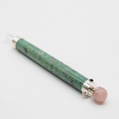 Verdant Heart Wand - Ruby Fuchsite Rose Quartz Crystal Ball top - 23cm