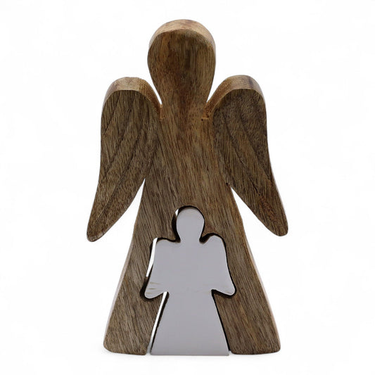 Mango Wood Angel in Angel - White Enamel (15cm)