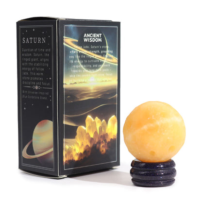SATURN - Yellow Jade Planet on a Sola Goldstone Stand