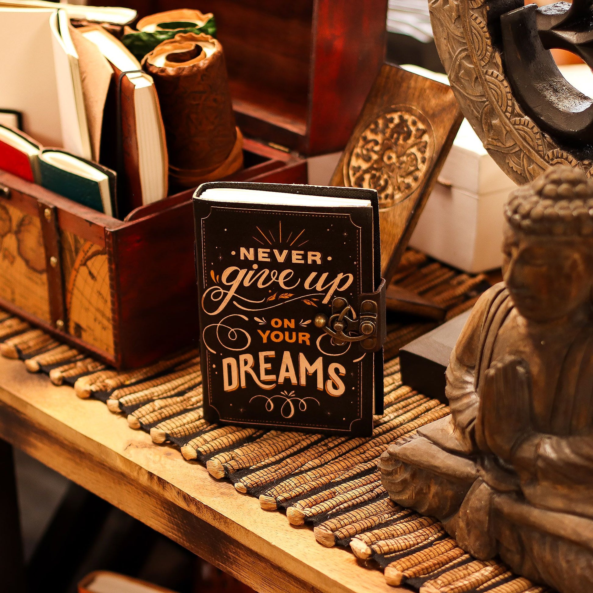 Leather Printed Notebook – Never Give Up On Your Dreams - 18x13cm