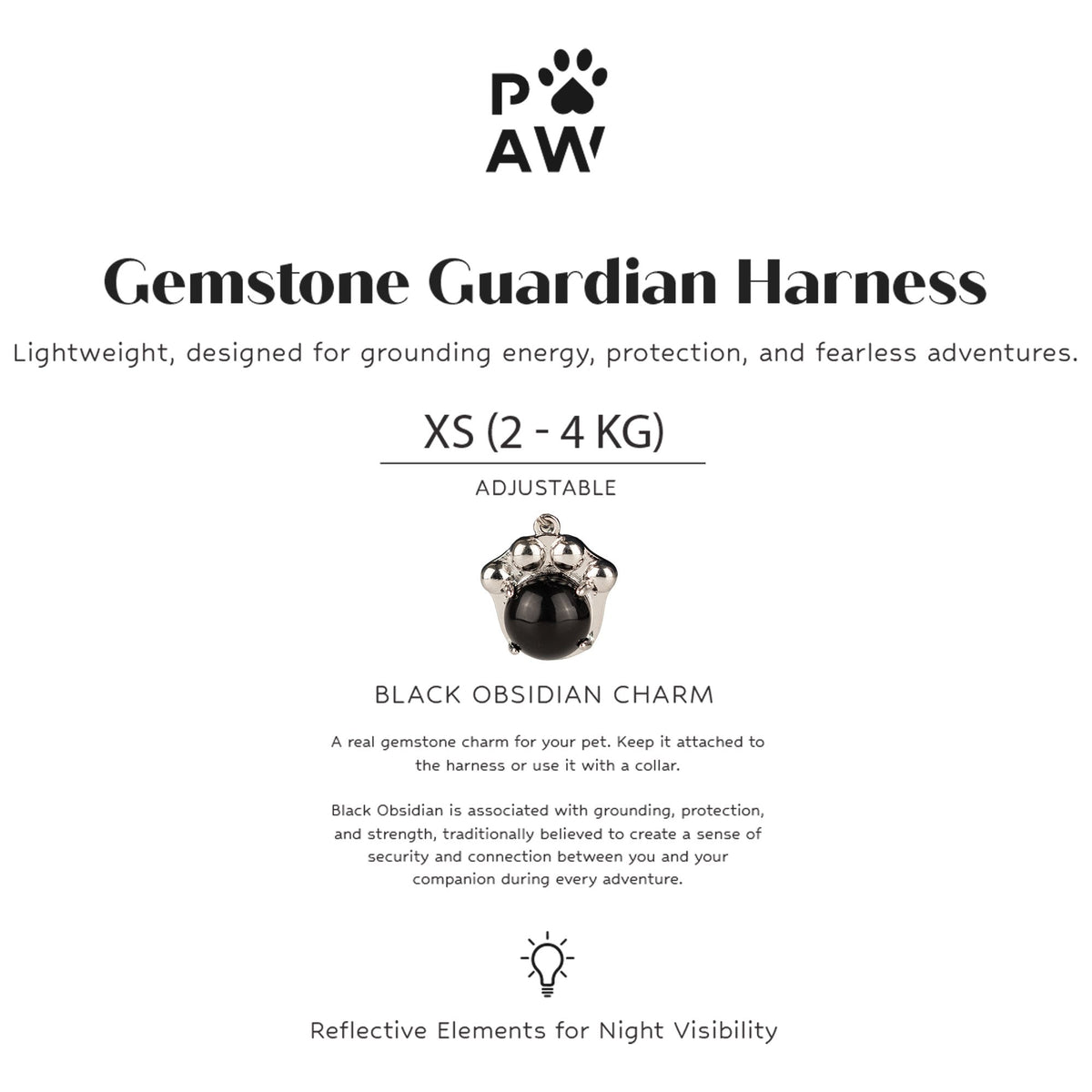 PAW - XS (2-4Kg) Dog Step-in Guardian Harness with Reflective Mesh - Rock Grey - Black Obsidian Charm