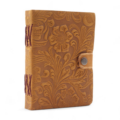 Leather Embossed Notebook – Tan Floral Pattern - 18x13cm