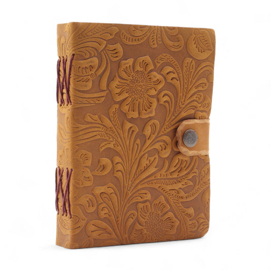 Leather Embossed Notebook – Tan Floral Pattern - 18x13cm
