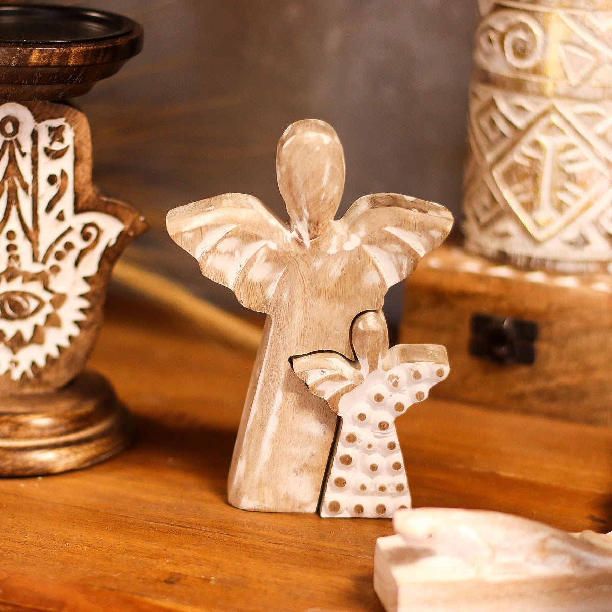 Mango Wood Angel in Angel - Whitewash (15cm)