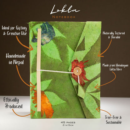 Lokta Bold Floral Notebook – Large – Includes Bookmark – Moss Green