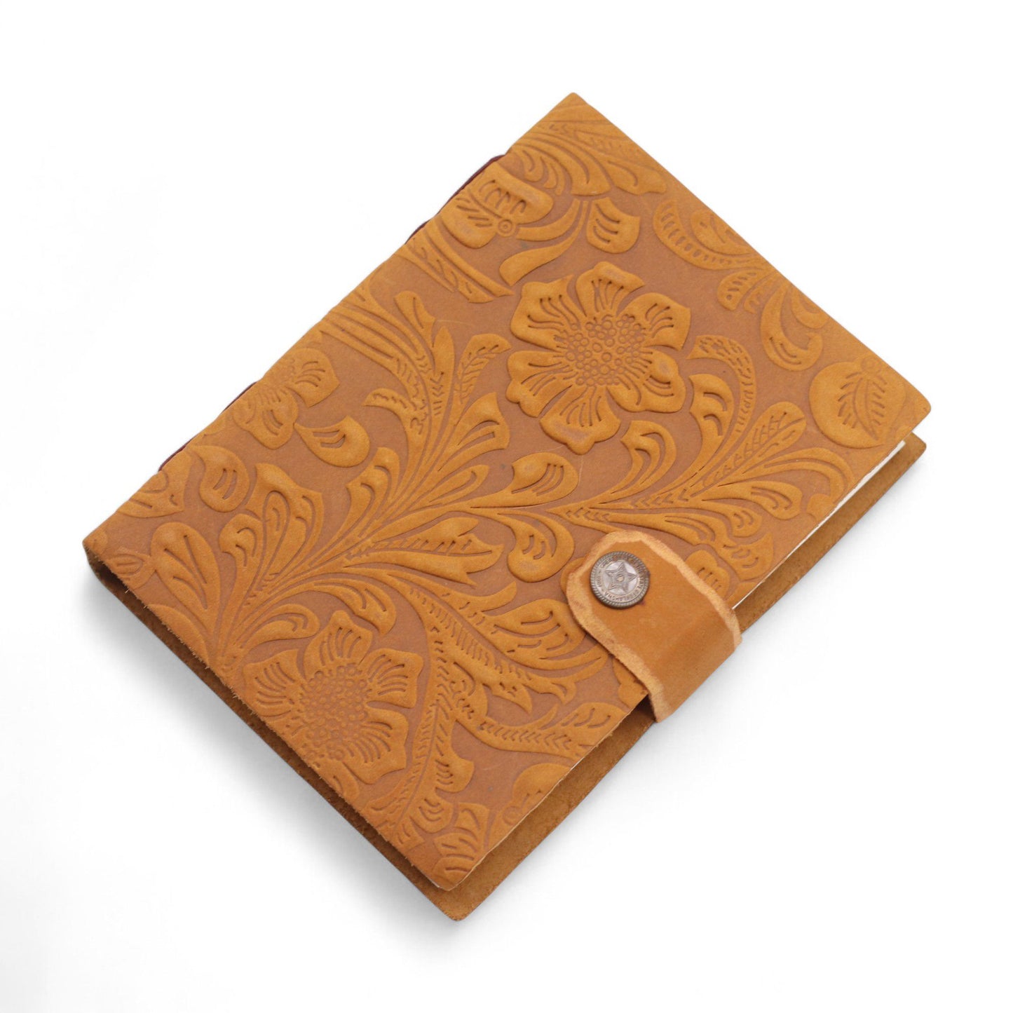 Leather Embossed Notebook – Tan Floral Pattern - 18x13cm