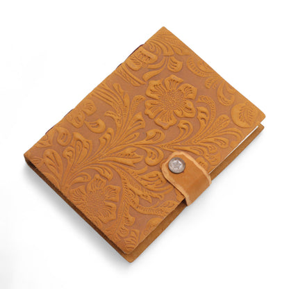 Leather Embossed Notebook – Tan Floral Pattern - 18x13cm