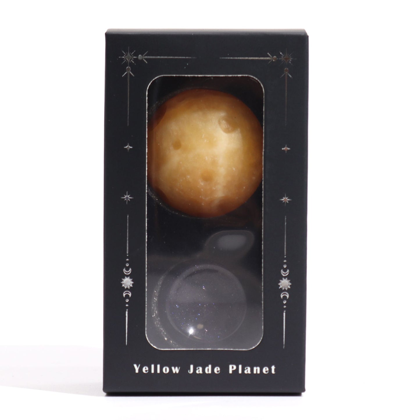 SATURN - Yellow Jade Planet on a Sola Goldstone Stand