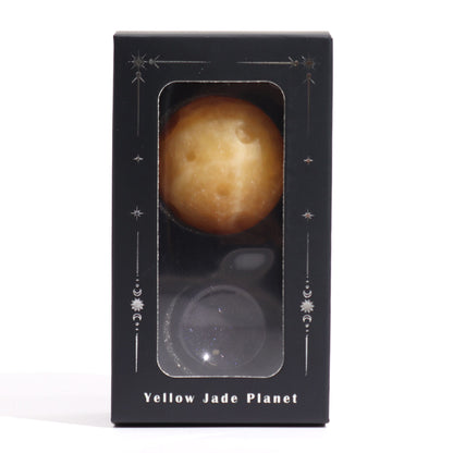 SATURN - Yellow Jade Planet on a Sola Goldstone Stand