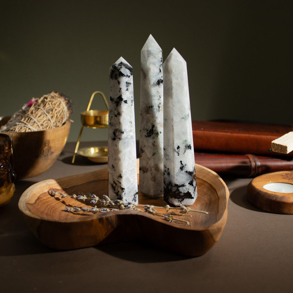 Gemstone Six Face Obelisk Point approx 17cm - Rainbow Moonstone