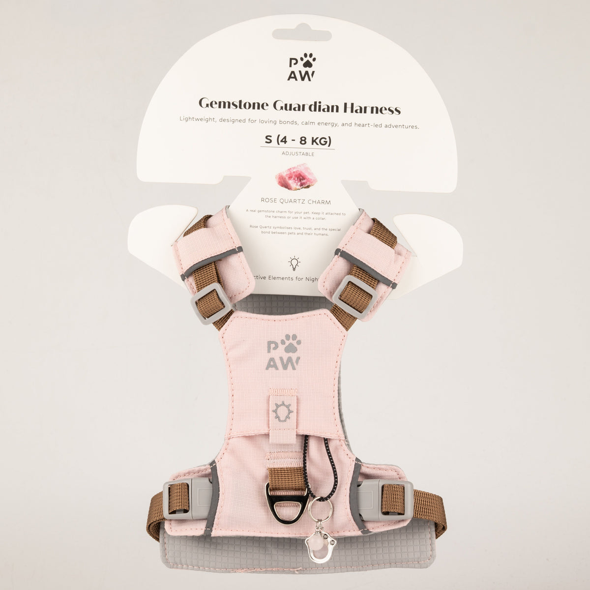 PAW - S (4-8Kg) Dog Step-in Guardian Harness with Reflective Mesh - Soft Pink - Rose Quartz Charm