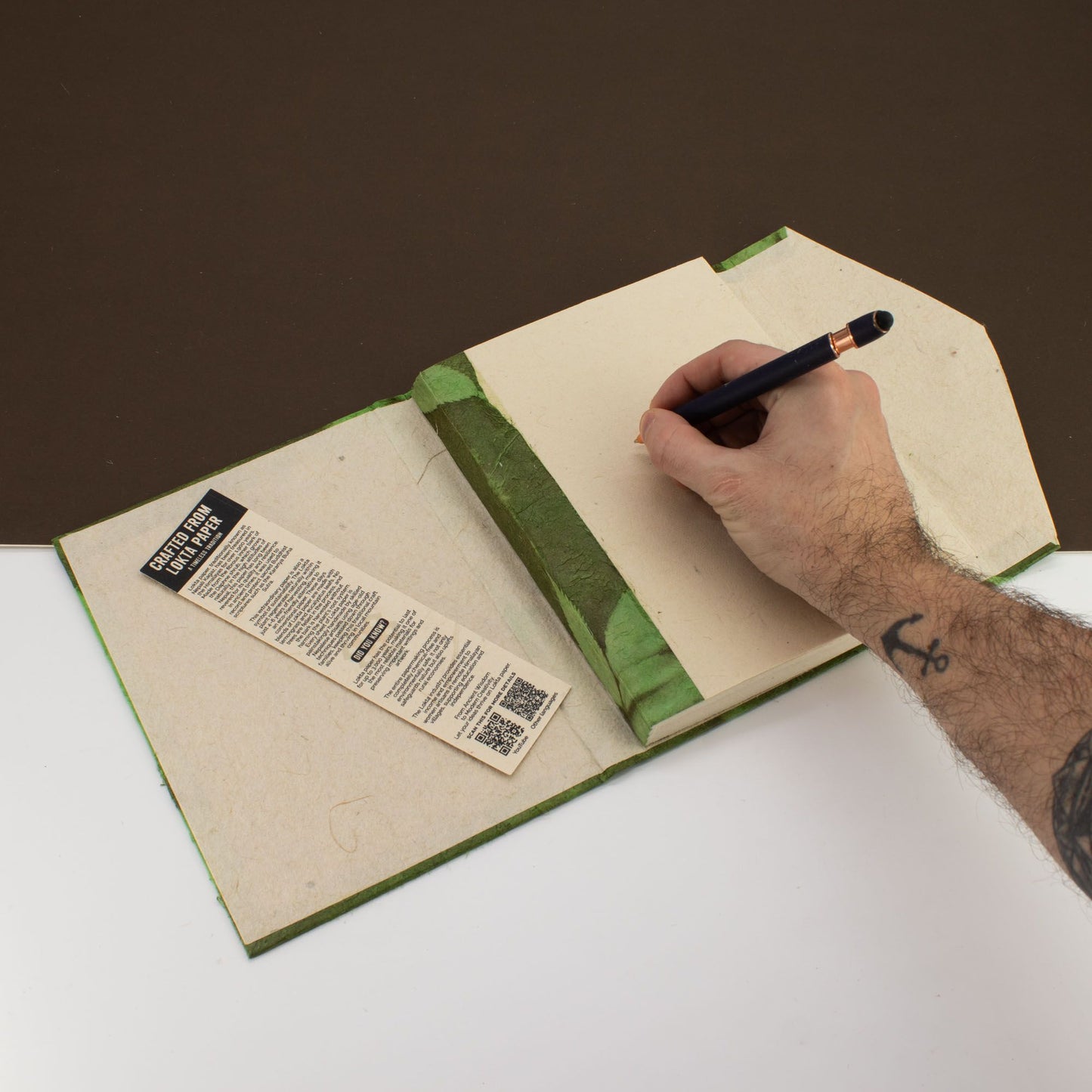 Lokta Bold Floral Notebook – Large – Includes Bookmark – Moss Green