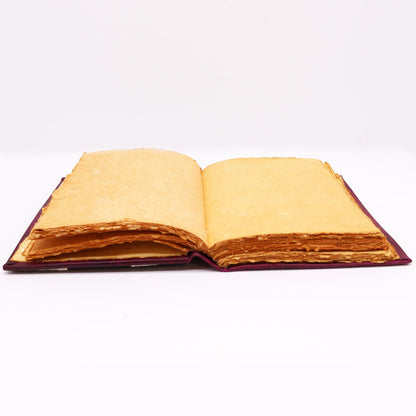 Open book with yellowed pages on a white background