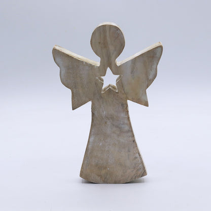 Mango Wood Angel - Whitewash with Star Cut Out (18cm)