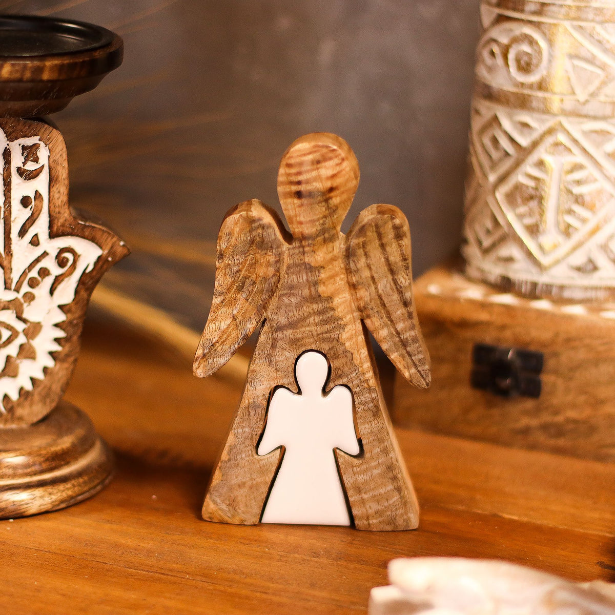 Mango Wood Angel in Angel - White Enamel (15cm)