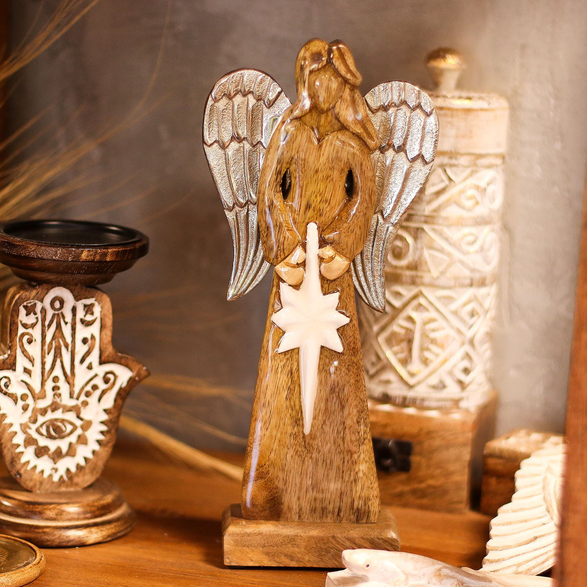 Large Mango Wood Peace Angel Metal Wings & Enamel Detail (30cm)