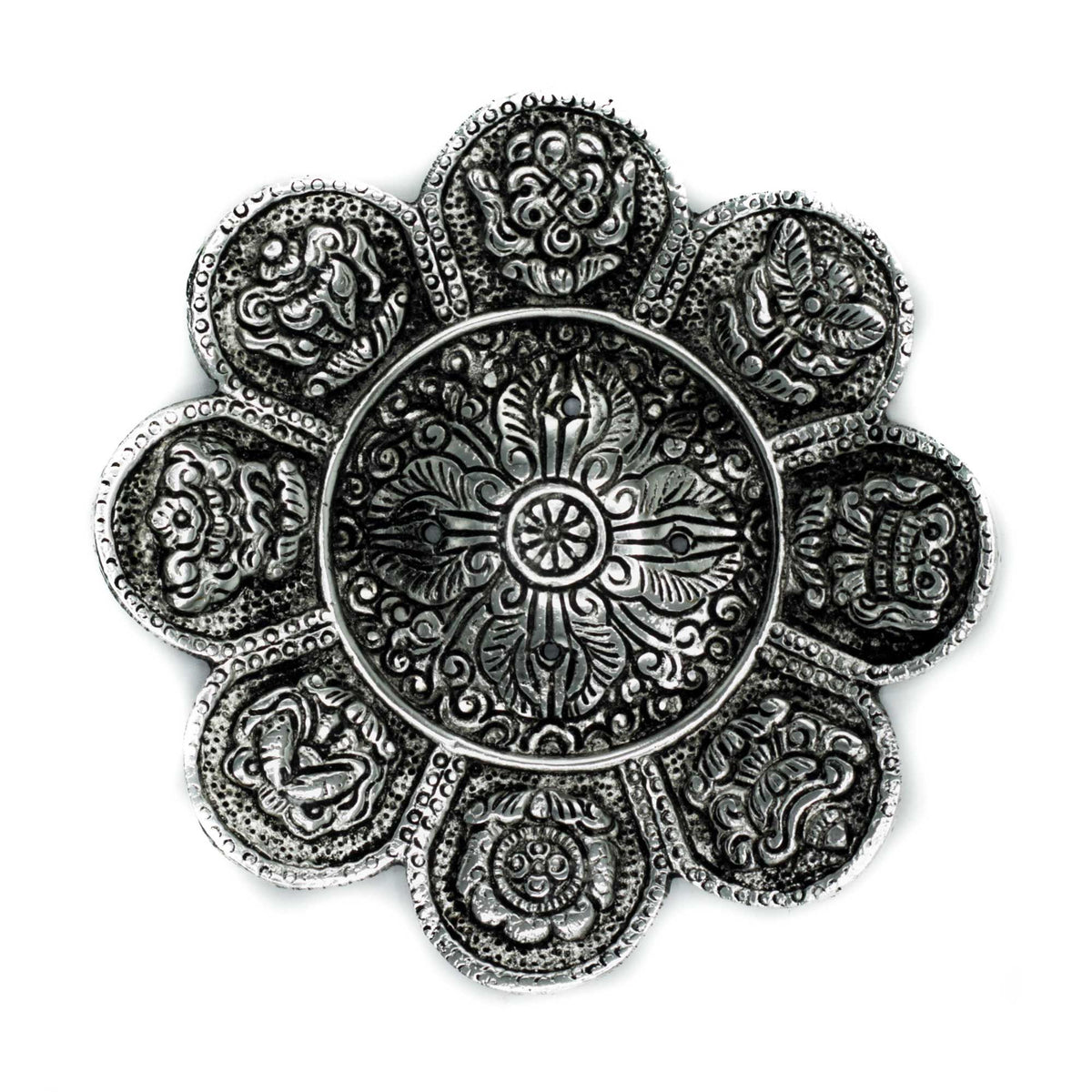 Polished Aluminium Tibetan Symbols Incense Holder
