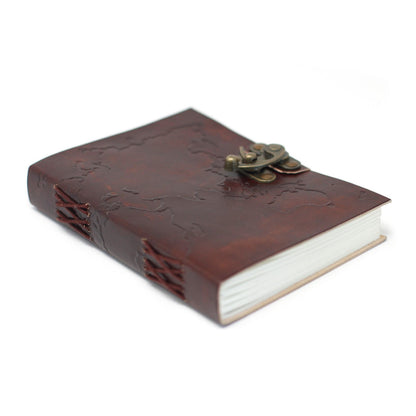 Leather World Map & Stitching Notebook - 17.5x13cm
