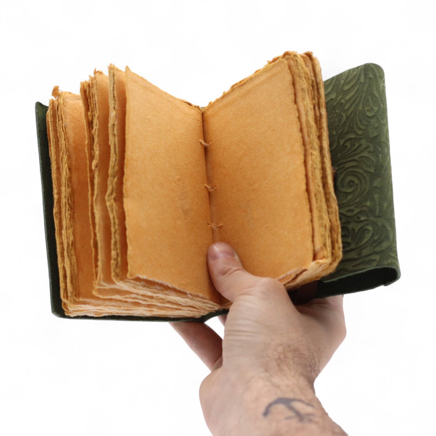 Fat Deckled Leather Notebook – Green Maze Pattern – 13×9cm