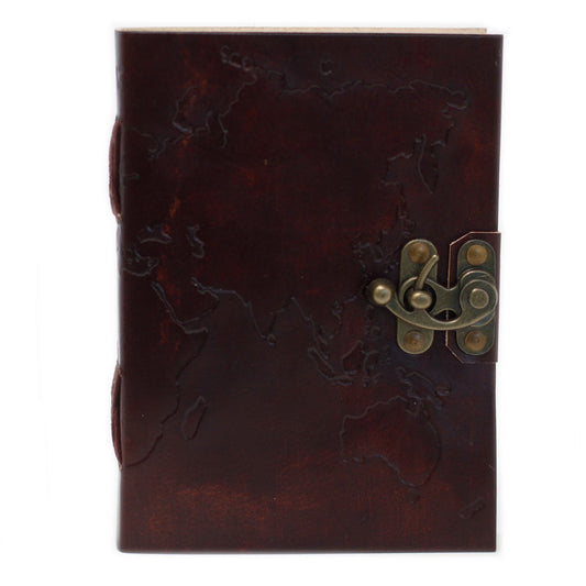 Leather World Map & Stitching Notebook - 17.5x13cm