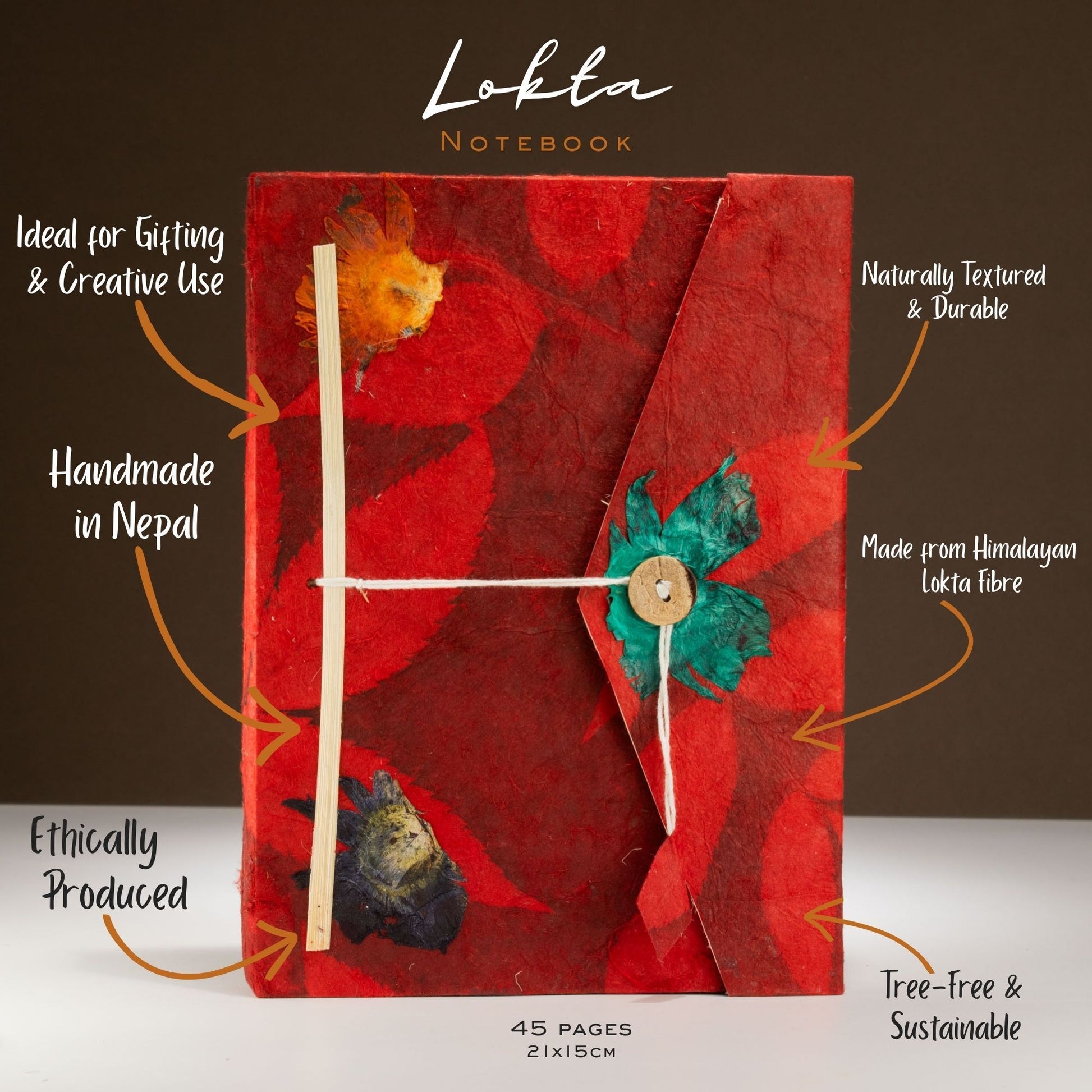 Lokta Bold Floral Notebook – Large – Includes Bookmark – Ruby