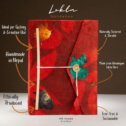 Lokta Bold Floral Notebook – Large – Includes Bookmark – Ruby