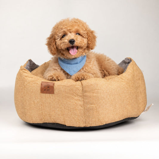 Paw Bed – Medium Royal Crown – Sand & Grey – 50 × 50 × 26cm