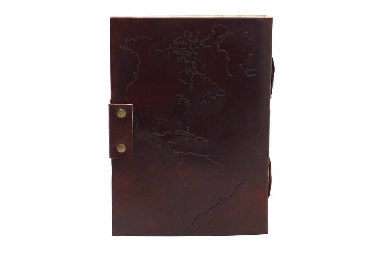 Leather World Map & Stitching Notebook - 17.5x13cm