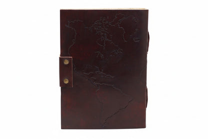 Leather World Map & Stitching Notebook - 17.5x13cm