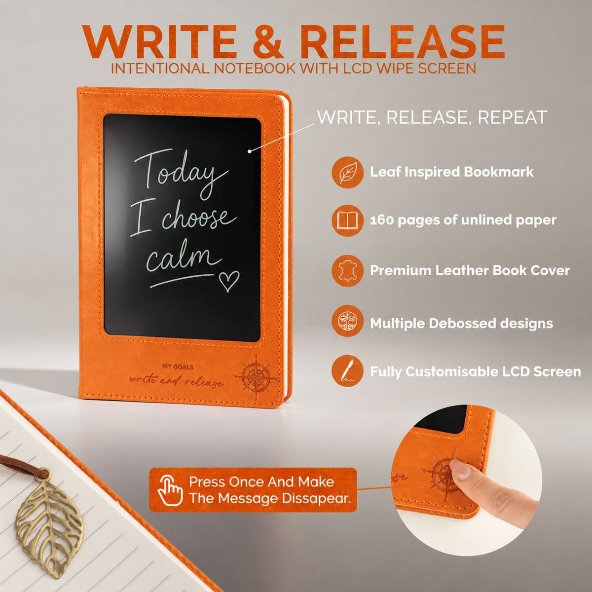 A5 Intention Note Book - LCD Wipe Screen - Orange Leather Effect - 80 Leafs
