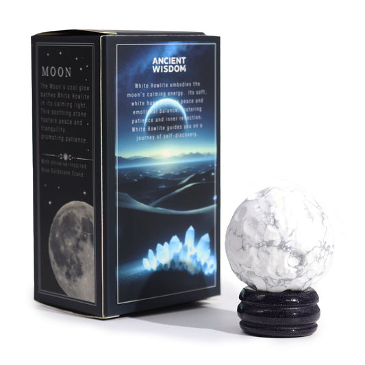 MOON - White Howlite Planet on a Sola Goldstone Stand