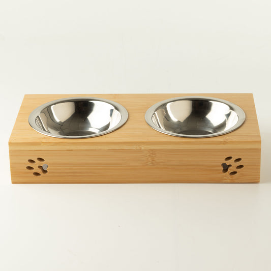 PAW Food Bowls - Double Stainless Steel in Wooden Stand - 2x12cm