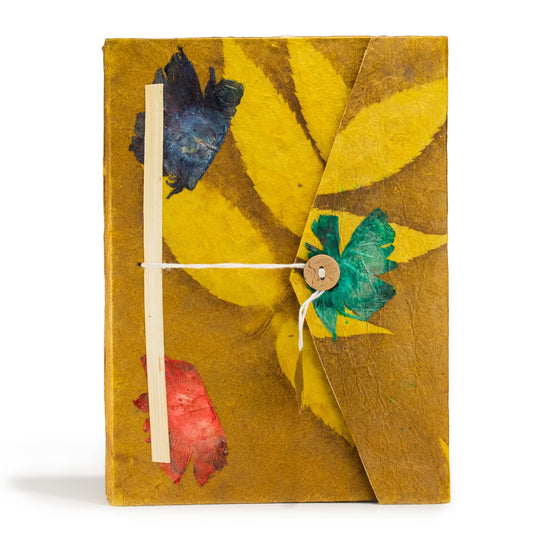Lokta Bold Floral Notebook – Large (21x15cm) – 45 Leaves – Includes Bookmark – Mustard Brown